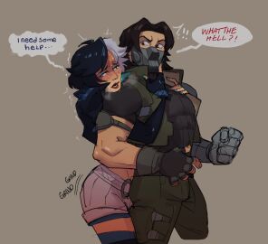 blush bucky_barnes bulge erection erection_under_clothes futanari grinding_on_leg heavy_breathing horny hug intersex luna_snow_(marvel_rivals) male marvel marvel_comics marvel_rivals somedivs speech_bubble suprised sweat winter_soldier