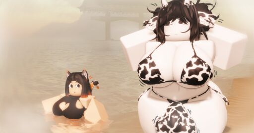 1futa 1girls 3d balls balls_in_panties ballsack big_breasts bikini black_hair breasts bulge_in_panties bulge_through_clothing clothed clothing cow_print cow_print_bikini duo female futanari giantess intersex large_balls large_breasts large_female large_testicles larger_futa mini_giantess mostly_nude presenting roblox robloxian shibsol_rr34 size_difference smaller_female testicles white_skin