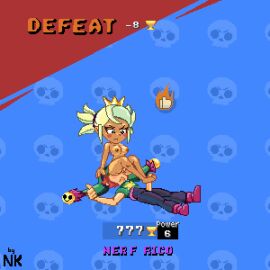 animated brawl_stars chester_(brawl_stars) cum defeated facesitting feet female foot_fetish footjob male mandy_(brawl_stars) nk2000 pixel_animation pixel_art twintails video_games