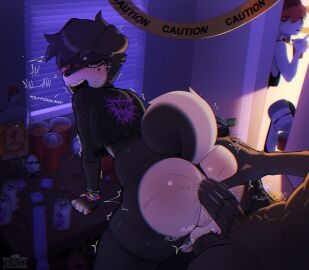 absurd_res alcohol alcohol_bottle alternative_fashion anthro anus ass backsack balls beverage big_butt blush bodily_fluids canid canine canis clothing domestic_dog drunick_(drunick) drunkrussianman duo femboy fishnet_clothing fishnet_legwear fishnet_topwear genitals hair hat headgear headwear hi_res legwear looking_back male male/male male_penetrated male_penetrating male_penetrating_male mammal max_the_dino_(drunick) nude penetration penis sex solo sweat tail text thick_thighs topwear