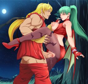 1boy 1girls alternate_costume alternate_hairstyle alternate_version_available animal_print bandana bat_print bat_wings big_breasts big_penis black_bandana blonde_hair blush bracelet breasts breasts_out capcom capcom_vs_snk_2 clothed_sex company_connection crossover darkstalkers demon earrings female field full_moon gloves grabbing_another's_breast grass green_eyes green_hair groping heels high_heels highres holding_another's_leg jewelry ken_masters lady-fantasma large_breasts large_penis leg_up long_hair male marvel_vs._capcom marvel_vs._capcom:_infinite marvel_vs._capcom_2 moon moonlight morrigan_aensland night night_sky non-web_source official_alternate_costume official_alternate_hairstyle outdoors pantyhose penis ponytail pussy pussy_juice red_skirt sex skirt sky source_request standing standing_sex star_(sky) starry_sky straight strappy_heels street_fighter succubus torn_clothes torn_pantyhose tree vaginal_penetration vampire_(game) wings