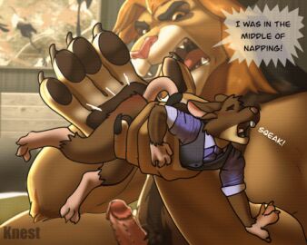 2024 angry animal_genitalia animal_penis animated anthro ass belly_hair body_hair bottomless butt_slap carrying_another clothed clothing duo erection feet felid feline_genitalia feline_penis genitals knest lion low_res male male/male mammal man_handling mouse murid murine necktie nude open_mouth pantherine penile_spines penis pubes punishment reddened_butt rodent shirt sitting size_difference slap spanking topwear vest yellow_sclera