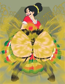 1girls ahe_gao ass black_hair black_panties carafalsa dress enjoying_farting fart fart_cloud fart_fetish female female_focus flashing garter_straps hispanic huge_ass hyper_ass latina layla_(jimmito_v) lipstick looking_pleasured original_character standing turned_on updress