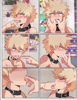 bakugou_katsuki blonde_hair boku_no_hero_academia collar deku dekuwus drooling fingers hand_in_mouth izuku_midoriya katsuki_bakugou licking male male_focus midoriya_izuku my_hero_academia saliva saliva_trail submissive_male tongue