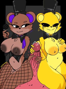 animatronic anthro ass bear black_eyes bow_tie breasts brown_body clothing collaborative collaborative_handjob collaborative_sex double_handjob electronics female fishnet_clothing fishnet_legwear five_nights_at_freddy's five_nights_at_fuzzboob's foxy_(fnaf) freddy_(fnaf) futanari genitals golden_freddy_(fnaf) grin group handjob hat headgear headwear intersex legwear machine male male/female mammal microphone nude nude_anthro nude_female penile penis red_body red_penis robot scottgames sex slinkmayker smile thick_thighs top_hat trio yellow_body