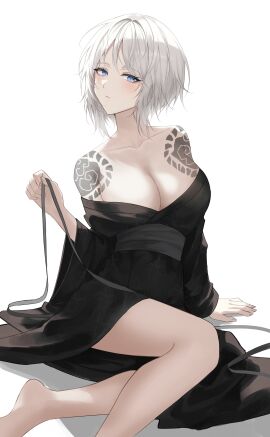 1girls bare_shoulders big_breasts blue_eyes blush breasts cleavage eonyan faust_(limbus_company) female irezumi kimono kurokumo_clan_(identity)_(project_moon) limbus_company looking_at_viewer project_moon revealing_clothes sitting tattoo tattoos white_hair