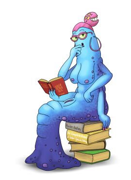 1monster 3_fingers 4_arms :o anthro big_blue_bubble big_breasts blank_background blue_body blue_skin boo'qwurm book books breasts casual casual_exposure casual_nudity earrings english_text eyelashes eyeshadow female glasses green_eyes green_sclera hair hair_bun hair_mouth hand_to_own_mouth jewelry looking_at_viewer m10dor34 megane multi_arm multi_limb my_singing_monsters no_legs pink_eyeshadow pink_glasses pink_hair pink_lips pink_lipstick pink_nails plain_background purple_nipples purple_spots pussy reading reading_book simple_background single_hair_bun sitting sitting_on_books solo spotted_body vagina white_background worm yellow_sclera yellow_spots yellow_teeth