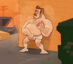 alley balls blush bulge bunbunny_(artist) closed_eyes facial_hair flaccid glasses male male_only mature moustache musk obese penis rick_mitchell smallsrabbit solo solo_male the_mitchells_vs._the_machines underwear