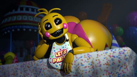 1girls 3d accurate_art_style animatronic ass ass_bigger_than_head bib big_ass big_butt bottom_heavy bottom_heavy_female bubble_butt chickenchicalover facing_viewer female female_focus female_only five_nights_at_freddy's five_nights_at_freddy's_2 fnaf fnaf_2 indoors laying_down looking_at_viewer on_table open_mouth panties robot robot_girl smile smiling solo solo_female solo_focus table toy_chica_(fnaf) underwear