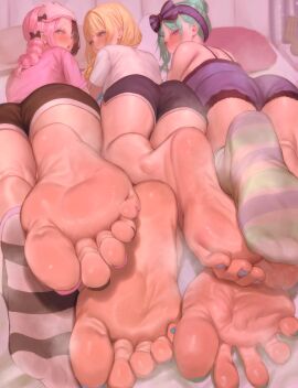 3girls ass bike_shorts close-up feet female female_only from_behind looking_back multiple_females multiple_girls nail_polish rito_(ritoxiaying) shorts socks socks_removed soles spaghetti_strap spread_toes steamy stinky sweat sweaty tagme toenail_polish toes