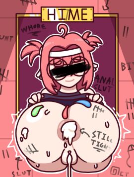 1girls after_sex ahoge anus ass ass_focus bathroom blush body_writing cameltoe censored_eyes clitoris condom cum cum_in_ass cum_in_pussy cum_inside emoji female female_only gaping gaping_anus glasses headband huge_ass leaking_cum lifting_shirt naked nervous nude octotron2000 original_character pink_hair public public_use pussy shiny_skin smile solo solo_female someone_else's_oc stuck_in_wall tally_marks text twintails used_condom