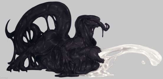 2022 anthro big_penis biped black_body black_tongue bodily_fluids claws cum cumshot digital_media_(artwork) ejaculation feet fingers genital_fluids genitals grey_background huge_cock hyper hyper_genitalia hyper_penis latex latex_creature liquid_latex living_latex male masturbation penile penile_masturbation penis scalie simple_background solo tail toe_claws toes tongue tongue_out zlvuxx