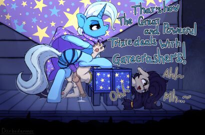 accessory ahe_gao anal bodily_fluids cape clitoral_winking clitoris clothing cum darbedarmoc dialogue dildo domestic_cat dominant dominant_female duo ejaculation equid equine fan_character fangs felid feline felis female feral friendship_is_magic genital_fluids genitals hair hair_accessory hairclip hairless hairless_cat hasbro hi_res horn horse legwear looking_pleasured magic_trick male male/female mammal multicolored_hair my_little_pony mythological_creature mythological_equine mythology pawpads pegging penis pony pussy sex_toy sphynx_(cat) spread_legs spreading stage stage_lights stockings teeth tongue tongue_out trixie_(mlp) two-tone_hair unicorn vaginal_fluids