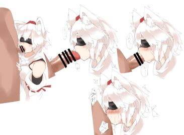 1boy animal_ear_fluff animal_ears bar_censor black_blindfold blindfold blush censored commentary_request crying crying_with_eyes_open deepthroat detached_sleeves fellatio female hair_between_eyes hat highres houkai_(collapse_illust) inubashiri_momiji male momiji_inubashiri multiple_views open_mouth oral penis red_hat ribbon-trimmed_sleeves ribbon_trim shirt short_hair simple_background sleeveless sleeveless_shirt solo_focus straight tears tokin_hat touhou upper_body white_background white_hair white_shirt white_sleeves wolf_ears wolf_girl