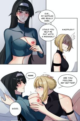 2girls areolae astra_yao black_hair blonde_hair blush breasts english_text evelyn_chevalier female female_only hoyoverse light-skinned_female light_skin mihoyo mihoyo_technology_(shanghai)_co._ltd. nipples red_eyes speech_bubble stars_of_lyra text very_long_hair yuri zenless_zone_zero