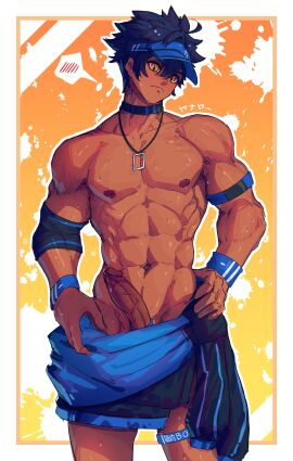 abs bracelet cap cock_ring dion_sorino_(yanayaa_a) erection foreskin fully_retracted_foreskin jock loincloth male male_only muscular muscular_male oc pecs penis penis_out precum precum_drip retracted_foreskin showing_off sportswear uncircumcised veiny_penis yanayaa_a yaoi