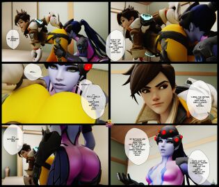 2girls 3d 3d_(artwork) ass bending_over blender bodysuit breasts comic comic_panel face_in_ass face_in_butt hand_on_hip ponytail short_hair smothering_ass sniffable_ass sniffing_ass speech_bubble text thick_ass thick_thighs tracer visualtoon widowmaker yuri