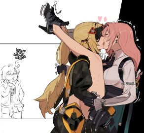 3girls absurdres against_wall belle_(zenless_zone_zero) black_gloves black_pants black_shoes black_shrug black_skirt blindfold_mask blonde_hair breast_press breasts camouflage camouflage_jacket camouflage_pants closed_eyes commentary covered_eyes cowboy_shot dress_shirt earrings english_commentary english_text fingerless_gloves french_kiss from_side gloves glowing_mask grabbing_another's_hair hair_between_eyes hair_ornament hand_on_another's_arm hand_on_own_chin hands_on_another's_waist heart high-waist_skirt highres holding_another's_hair hourglass_earrings implied_futa jacket jewelry kissing large_breasts latex_pants legs_on_another's_shoulders legs_up long_hair mask motion_lines multiple_girls pants pencil_skirt pink_hair ponytail saliva shirt shoes shrug_(clothing) skirt sweat tight_clothes triangle_hair_ornament trigger_(zenless_zone_zero) tsukishiro_yanagi twitching twitter_username white_background white_shirt yuri zanqi zenless_zone_zero