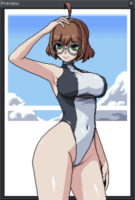 big_breasts big_titties bikini breasts brown_hair clothing curvaceous curvaceous_female curvaceous_figure curvy curvy_figure curvy_hips female female_focus female_only glasses looking_at_viewer original original_character pixel_art seiko093 short_hair
