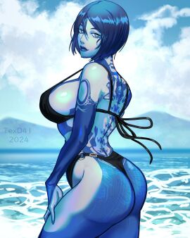 2d 2d_(artwork) ass beach big_ass big_breasts big_butt bikini bikini_bottom bikini_top black_bikini blue_body blue_hair blue_skin bob_cut breasts cortana curvaceous curvy curvy_figure digital_drawing_(artwork) digital_media_(artwork) female halo_(series) hand_on_thigh high_resolution highres looking_at_viewer looking_back looking_back_at_viewer solo solo_female texd41 thick thick_thighs video_games