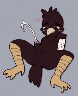 anthro anus avian balls bandage bird black_body bodily_fluids catastrophe_crow_(character) catastrophe_crow_64 corvid corvus_(genus) crow cum ejaculation erection handsfree_ejaculation heart_symbol hi_res male male_focus male_only oscine passerine penis presenting presenting_balls presenting_penis skribblepage solo solo_male spread_legs