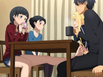 1boy 3girls alice_zuberg bangs barefoot black_hair blonde_hair blue_eyes blush brother_and_sister censored clothed collarbone cousins detailed_background eyebrows eyelashes eyeless feet female fingernails fingers footjob gym_uniform handjob hi_res incest kirigaya_kazuto kirigaya_midori kirigaya_suguha long_hair male mosaic_censoring mysteryctu nail_polish nails open_eyes open_mouth penis penis_grab penis_out pussy pussy_juice school_uniform shaded short_hair soles stealth_footjob stealth_handjob sword_art_online sword_art_online:_alicization thick_thighs thighs tied_hair toes under_the_table wavy_mouth