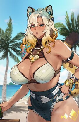 1girls 5t_(5t_000) 5t_(artist) animal_ears blonde_hair blush breasts female female_focus female_only genshin_impact gradient_hair green_eyes huge_breasts solo solo_focus tail tattoo thick_thighs xilonen_(genshin_impact)