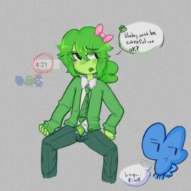 ... 42 algebralien battle_for_bfb battle_for_bfdi battle_for_dream_island bfb bfdi blue_skin bow clothes four_(bfb) gijinka green_hair green_penis green_skin grey_background high_quality high_resolution highres jacknjellify kint_desing male non-human non-web_source nonbinary object_show object_shows one_(bfdi) penis penis_out personification pillxf_62_(artist) pink_bow ponytail request side_ponytail simple_background text_bubble two_(bfb) two_(tpot) x_finds_out_his_value xfohv