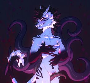 0s_d0k anthro barbell_piercing bedroom_eyes black_background black_hair black_markings black_sclera cheek_tuft cuntboy curved_horn demon facial_tuft fangs felid fur genitals hair half-closed_eyes hi_res horn humanoid_genitalia humanoid_pussy intersex lion mammal markings mastectomy_scar narrowed_eyes nipple_barbell nipple_piercing nipples nude pantherine piercing pussy scar seductive simple_background smile smirk smug smug_face smug_grin solo teeth tentacle tuft white_body white_fur