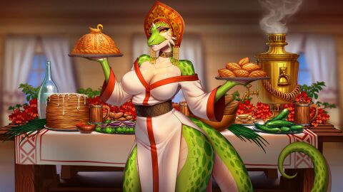 1girls anthro anthro_female claws clothed clothed_female dress dressed eyelashes fangs female female_focus female_only furry furry_female green_body horns horny horny_female humans_are_not_that_against_lizardwomen humans_are_not_that_against_lizardwomen_2 indoors lizard lizard_girl lizard_humanoid muscular muscular_anthro muscular_arms muscular_female naughty_face original original_art original_artwork original_character original_characters original_female_character piercing piercings reptile reptile_girl russian_clothes russian_dress scales scalie scalie_female side_view smirk solo solo_female tail thick thick_legs thick_thighs thighs veinte video_game video_game_character video_games yellow_eyes