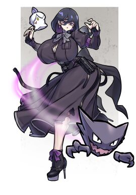 @_@ absurdres belted black_eyes black_hair blush boots breasts corset dress female gen_1_pokemon gen_5_pokemon ghost haunter hex_maniac_(pokemon) hex_maniac_(pokemon_legends:_z-a) high_heel_boots high_heels highres huge_breasts jewelry large_breasts litwick long_hair long_sleeves mature_female mold_(pixiv6616319) nail_polish nintendo open_mouth pokemon pokemon_(creature) pokemon_legends:_z-a puffy_sleeves purple_nails purple_ribbon ribbon standing