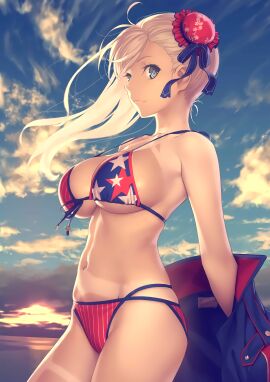 1girls absurd_res absurdres adult adult_female bare_armpits bare_arms bare_belly bare_chest bare_hips bare_legs bare_midriff bare_navel bare_shoulders bare_skin bare_thighs belly belly_button blonde-haired_female blonde_eyebrows blonde_female blonde_hair blue-eyed_female blue_eyes blue_hair_ribbon blue_jacket blue_ribbon blue_sky blue_topwear breasts busty busty_female cleavage clouds collarbone day daytime exposed exposed_armpits exposed_arms exposed_belly exposed_legs exposed_midriff exposed_shoulders exposed_thighs fate/grand_order fate_(series) female female_focus female_only front-tie_bikini front-tie_bikini_top groin hair_ornament hair_ornaments hair_ribbon half_naked half_nude high_resolution highres jacket jacket_removed koyama_hirokazu large_breasts lean_figure legs legs_together light-skined_female light-skinned_female light_skin lips long_hair looking_at_viewer mature_female miyamoto_musashi_(fate) miyamoto_musashi_(swimsuit_berserker)_(fate) miyamoto_musashi_(swimsuit_berserker)_(second_ascension)_(fate) naked naked_female navel nude nude_female nudity open_jacket open_topwear outdoor_nudity outdoors outside parted_bangs ribbon shoulders sideboob sky slender_body slender_waist slim_female slim_waist solo standing tan tan_line tan_skin tan_skinned_female thick_thighs thighs thin_waist topwear topwear_removed underboob upper_body v-line wide_hips