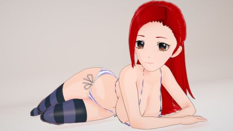 1girls bikini breasts brown_eyes celi_(celina_star) celina_star cleavage female large_breasts laying_down looking_at_viewer o-ring o-ring_bikini original original_character red_hair side-tie_bikini simple_background smile solo striped striped_bikini striped_legwear swimsuit white_background