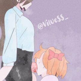 1futa 1girls alternative_universe balls big_balls big_penis blowjob bottomless brown_hair clothed clothed_female clothing doki_doki_literature_club erection eyeless_female female futa_with_female futanari human intersex leather_pants light-skinned_female light-skinned_futa light_skin monika_(doki_doki_literature_club) mostly_clothed office_clothing office_lady peach_hair penis penis_in_mouth purple_background sayori_(doki_doki_literature_club) standing vi_wesker