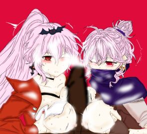 1boy 2girls bat blush boobjob breasts dark_skin earrings face_mask female hair_tie jaki male monica_(vtsn) monica_a_(vtsn) multiple_females multiple_girls necklace neriki nude penis pink_hair pressing_breasts_together red_eyes scarf sweat torn_clothes vtsn