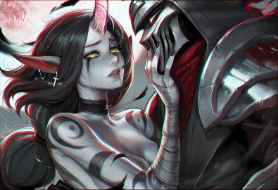 ai_art ai_assisted ai_generated aisei artistic_background artistic_nude beautiful_sadness choker couple couple_(romantic) couple_love crying dramatic dramatic_pose earrings elf_ears forsaken holding_head horn inspired_by_music_album league_of_legends league_of_legends:_wild_rift light masked_male ninja ninja_mask sad shattered soraka soraka_(league_of_legends) tears unicorn windy yellow_eyes zed