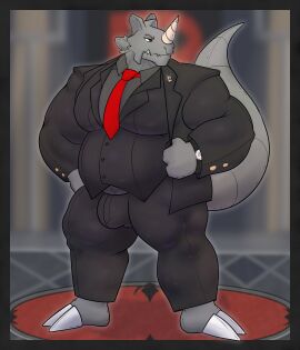 2024 absurd_res anthro belly biceps big_belly big_muscles biped bottomwear bulge clock clothed clothing detailed_bulge digital_media_(artwork) dress_shirt facial_piercing front_view generation_1_pokemon grey_body grey_skin hector_(sophymn) hi_res horn huge_muscles lapel_pin male mammal musclegut muscles muscular muscular_anthro muscular_male necktie nintendo nose_piercing nose_ring overweight overweight_male pants pecs piercing pokemon pokemon_(species) rhinoceros rhydon ring_piercing scalie seaserpenttailor shirt simple_background slacks slightly_chubby solo standing suit suit_jacket tail team_rocket teeth topwear vest watch wristwatch