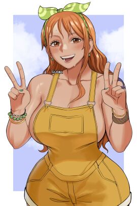 1girls alternate_version_at_source alternate_version_available arm_tattoo artist_name bangle bare_shoulders bead_bracelet beads blue_sky blue_tattoo blush border bow bow_hairband bracelet breasts brown_eyes cloud cloudy_sky collarbone commentary double_v earrings english_commentary female female_only green_bow green_hairband green_nails gud0c hairband hairbow highres jewelry large_breasts log_pose long_hair looking_at_viewer nail_polish naked_overalls nami_(one_piece) narrow_waist official_alternate_costume one_piece one_piece_film_stampede open_mouth orange-haired_female orange_hair outside_border overall_shorts overalls paid_reward_available peace_sign pearl_earrings shoulder_tattoo single_sidelock sky smile solo sweat tattoo tattoo_on_arm tattooed_arm upper_body v wavy_hair white_border wide_hips yellow_overalls