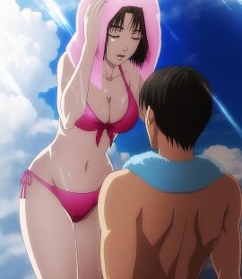 1boy anime_screenshot beach bikini breasts brown_hair cleavage closed_eyes cloud collarbone day ecchi_san female female_focus front-tie_top highres initial_d initial_d_legend_1 legs lips male medium_breasts natsuki_mogi navel open_mouth outdoors pink_bikini pov short_hair side-tie_bikini_bottom sky solo_focus stitched swimsuit takumi_fujiwara thighs third-party_edit towel water wet wet_clothes