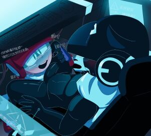 between_thighs black_body blue_eyes brawl_stars chinese_text eyes_not_visible glitch_larry_(brawl_stars) glitch_lawrie_(brawl_stars) grabbing_penis hard_cock hard_on incest keyboard_(computer) larry_(brawl_stars) lawrie_(brawl_stars) llinlee looking_at_another male male_only mouse_(computer) on_knees outline penis scarf sitting_on_chair supercell twincest under_the_table warning_sign warning_symbol