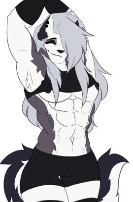 1boy abs ambush_(trap) ambush_loona big_muscles bulge cassielink closed_eyes closed_mouth eyeliner femboy feminine feminine_male furry gay genderswap genderswap_(ftm) grey_body grey_fur grey_hair hair_covering_eye happy helluva_boss james_andromeda long_hair loona_(helluva_boss) male male_focus male_loona male_only muscles muscular muscular_male pecs pectorals penis penis_bulge rule_63 shirtless simple_background smile smiling solo solo_male stretching strong thong topless topless_male trap white_background white_body white_fur wolf wolf_boy yaoi