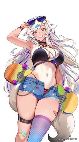 animal_ears animal_tail armpits asymmetrical_legwear belly belly_button breasts cleavage crop_top denim_shorts eyewear_on_head female gamersupps gyaru hair_ornament heart hotpants leopard_print leopard_print_panties long_hair navel necklace panty_peek pink_eyes purple_eyes skateboard stocking sunglasses thighs unzipped white_hair