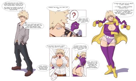 2girls big_breasts blonde_hair brain_drain brainwashing breast_expansion breast_growth breast_growth_(enlargement) breasts cleavage english_text female female_bakugou female_focus female_only gender_transformation genderswap genderswap_(mtf) huge_breasts hypnosis katsuki_bakugou large_breasts mind_control mtf_transformation multiple_females multiple_girls my_hero_academia navel rule_63 speech_bubble text the63rdrule thick_thighs tight_clothing transformation wide_hips