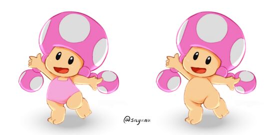 1girls black_eyes collage edit edited feet female female_only flat_chest full_body happy mario_(series) missing_vagina mushroom_girl mushroom_humanoid nintendo nippleless no_nipples no_pussy no_vagina nude pussy sayunu simple_background simple_eyes simple_face solo swimsuit toadette twintails white_background