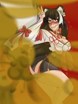 1girls azur_lane black_fur blonde_hair blush breasts cleavage color colored eproctophillia fart fart_cloud fart_everywhere fart_fetish farting female female_focus female_only hair_ornament huge_fart huge_tail japanese_clothes long_hair looking_at_viewer medium_breasts naganami_(azur_lane) no_panties peace_sign pose r3draynb0w red_background red_ribbon simple_background skirt skunk_ears skunk_girl skunk_tail smile smirking thick_thighs thighs yellow_eyes yellow_gas