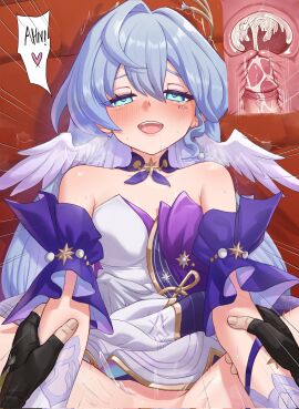 1boy 1girls :d aqua_eyes arm_grab bare_shoulders black_gloves blue_hair blush caelus_(honkai:_star_rail) choker commentary cross_section cum cum_in_pussy cum_in_uterus cum_inside cum_overflow detached_sleeves dress drooling ejaculation female female_focus female_penetrated fingerless_gloves gloves hair_intakes head_wings highres honkai:_star_rail honkai_(series) internal_cumshot long_hair looking_at_viewer luizhtx male male/female male_penetrating male_penetrating_female male_pov marking_below_eyes moaning moaning_in_pleasure open_mouth penis pleasure_face pov pov_hands purple_choker pussy robin_(honkai:_star_rail) sex short_sleeves smile solo_focus speech_bubble straight straight_sex strapless strapless_dress trembling uncensored upper_body uterus vaginal vaginal_penetration vaginal_sex very_long_hair white_dress wings x-ray