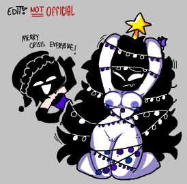 2girls :d arcaned_roses black_gloves black_hair christmas christmas_lights christmas_star christmas_tree edit edited female flower_on_head light_skin long_hair multiple_females multiple_girls mystery_(roses_arcaned) naked nude purple_flower pussy rose_(roses_arcaned) roses_arcaned white_body