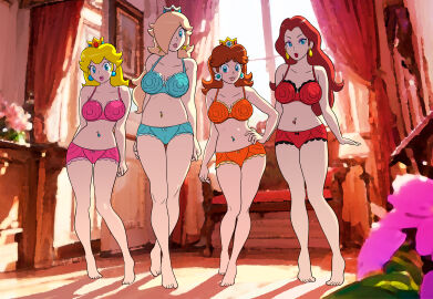 4girls breasts female female_only furboz lingerie mario_(series) multiple_females multiple_girls navel_piercing nintendo pauline princess_daisy princess_peach princess_rosalina