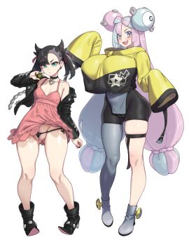2d 2girls alternate_breast_size b_o_x black_hair blue_eyes boots box20502017 breasts choker female huge_breasts iono_(pokemon) light_skin looking_at_viewer marnie_(pokemon) pink_hair pointy_teeth pokemon pokemon_ss pokemon_sv small_breasts tagme white_background yellow_eyes