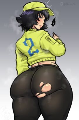 1girls 2025 artist_name ass ass_focus big_ass black_hair bleach bleach:_sennen_kessen-hen blush breasts curvy deruwu96 female female_focus female_only green_jacket hat highres huge_ass jacket leggings light-skinned_female lips medium_hair number_print official_alternate_costume pants parted_lips shortstack simple_background small_breasts soifon solo standing steam sui-feng thighs torn_clothes torn_legwear twitter_username wide_hips